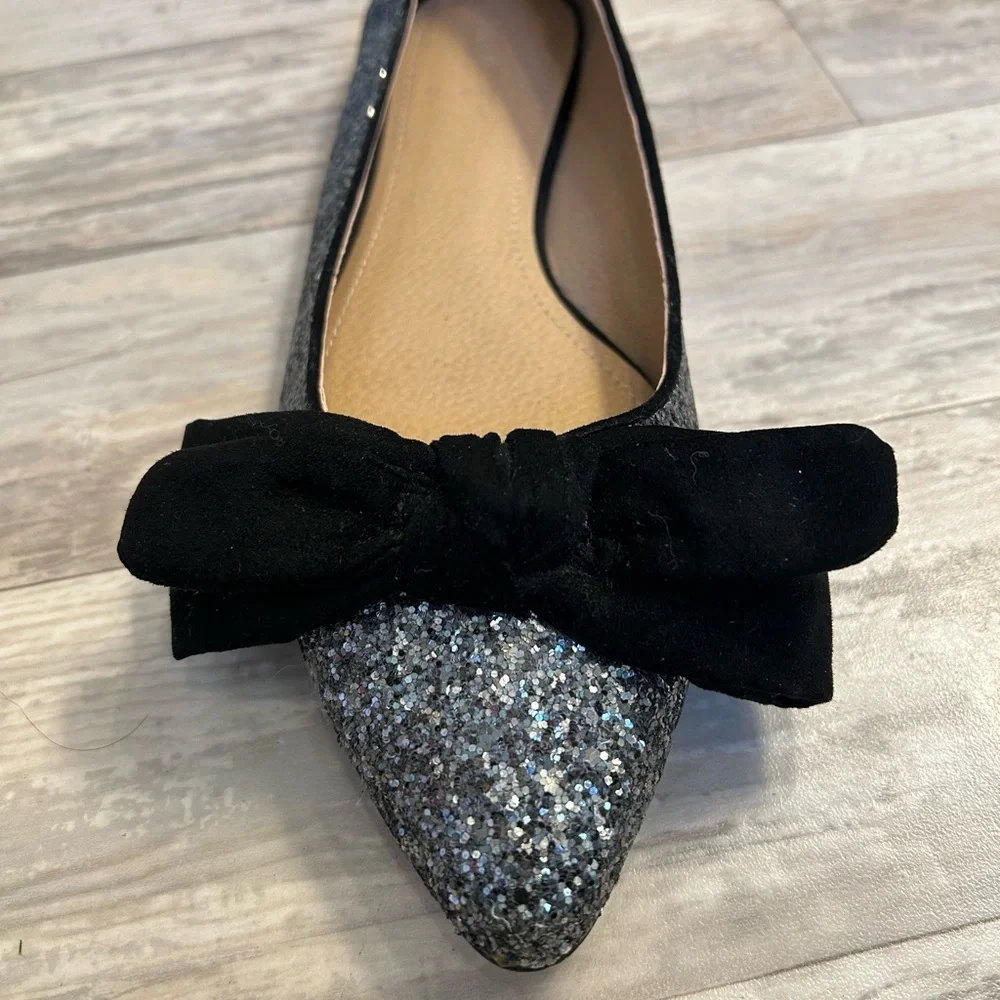 LOFT Silver Glitter Sparkle Flats with Black Velvet Bows - Picture 9 of 9